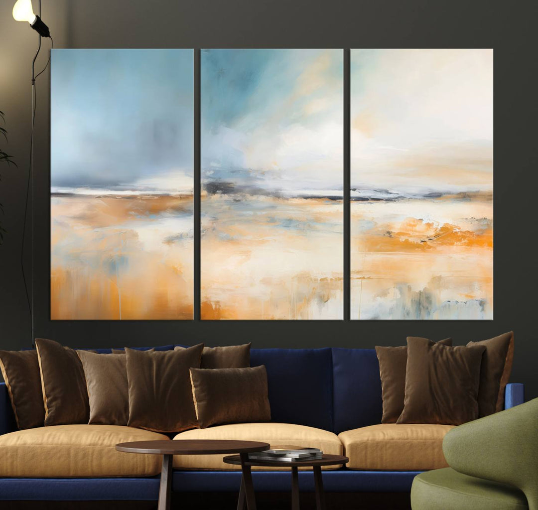 Abstract Landscape Wall Art in warm tones of orange and blue.