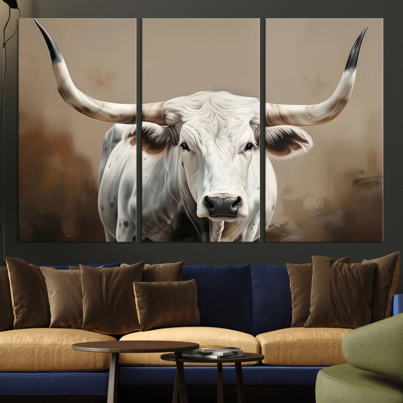 -White Longhorn Bull Wall Art Canvas Print – Framed and Ready to Hang – Perfect for Farmhouse and