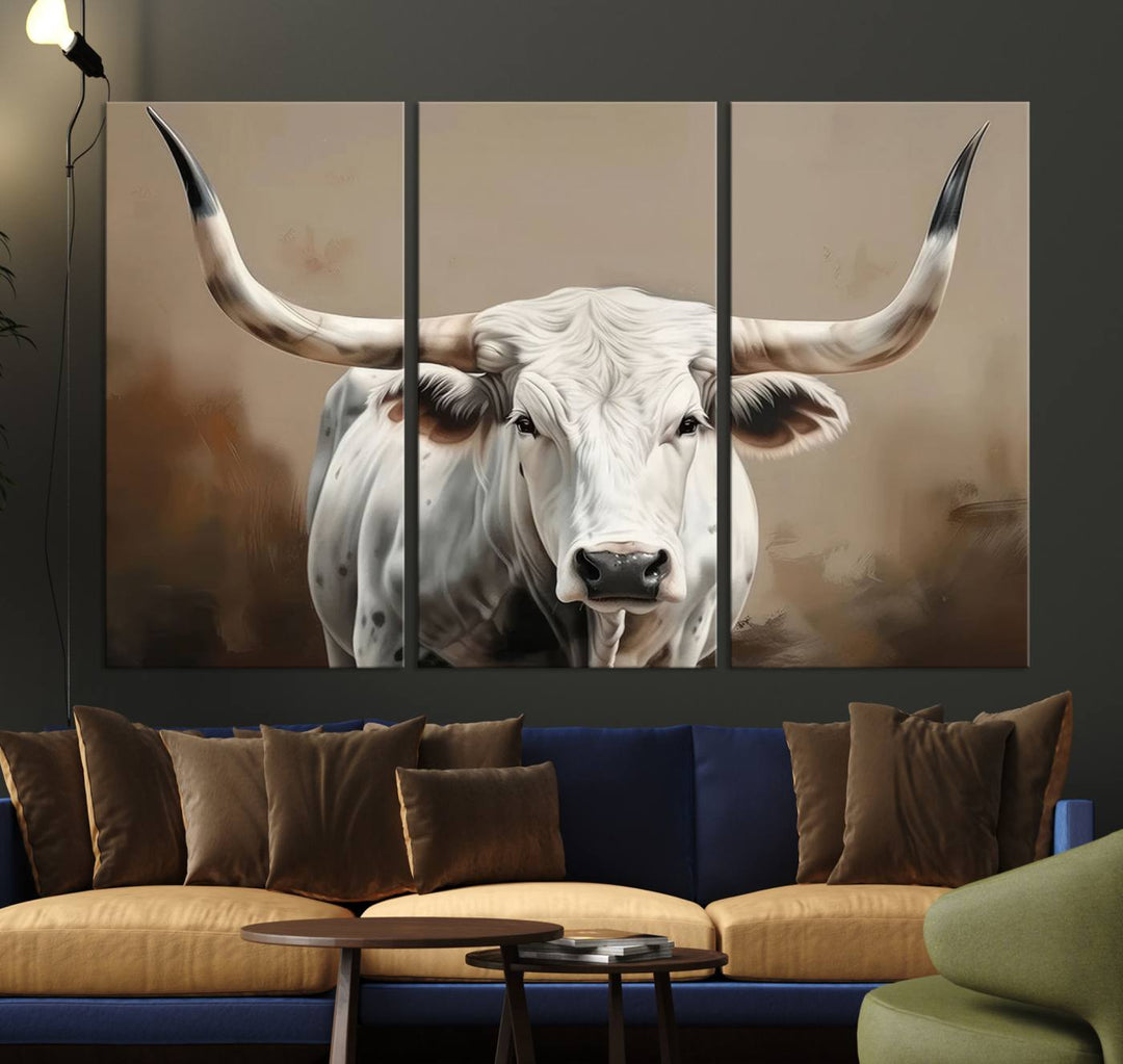 The kitchen features a striking canvas print of a Longhorn Bull.