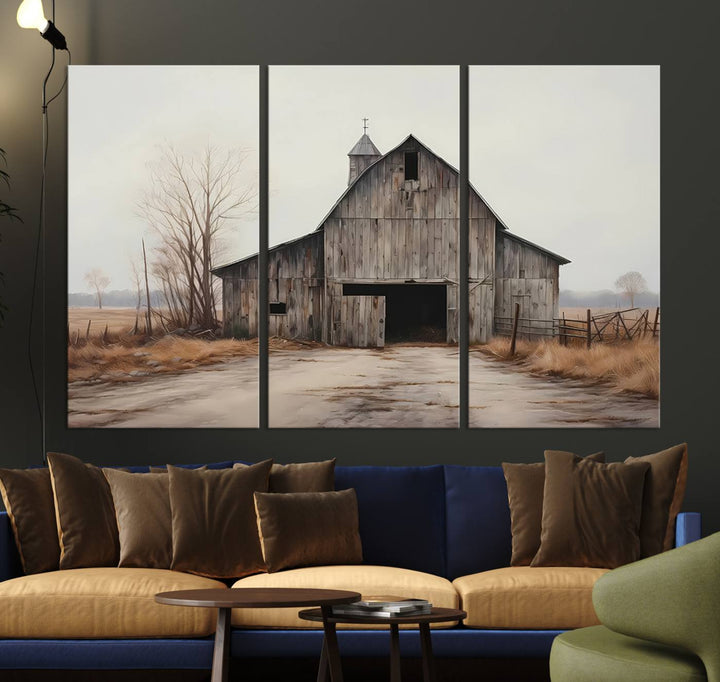 The Farmhouse Rustic Barn Wall Art Canvas Print, framed and ready to hang, enhances the farmhouse décor.