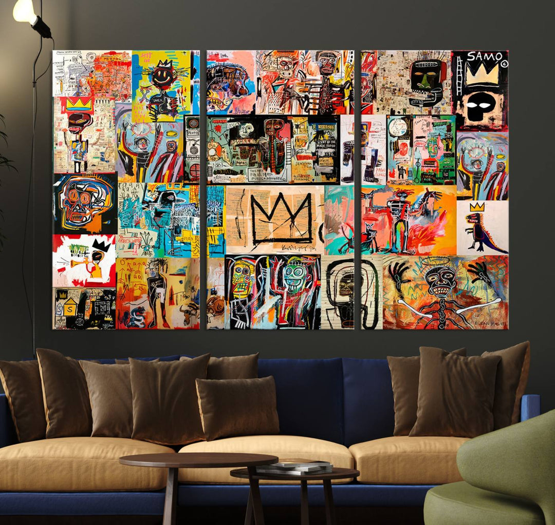 A Basquiat graffiti-style collage adorns the wall.