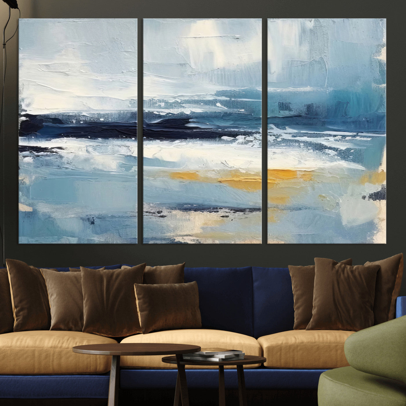 MGV-CV-48X32-3P - Abstract Ocean Canvas Wall Art - Coastal Blue and Gold Textured Painting, Modern Seascape Decor for Living Room Decor