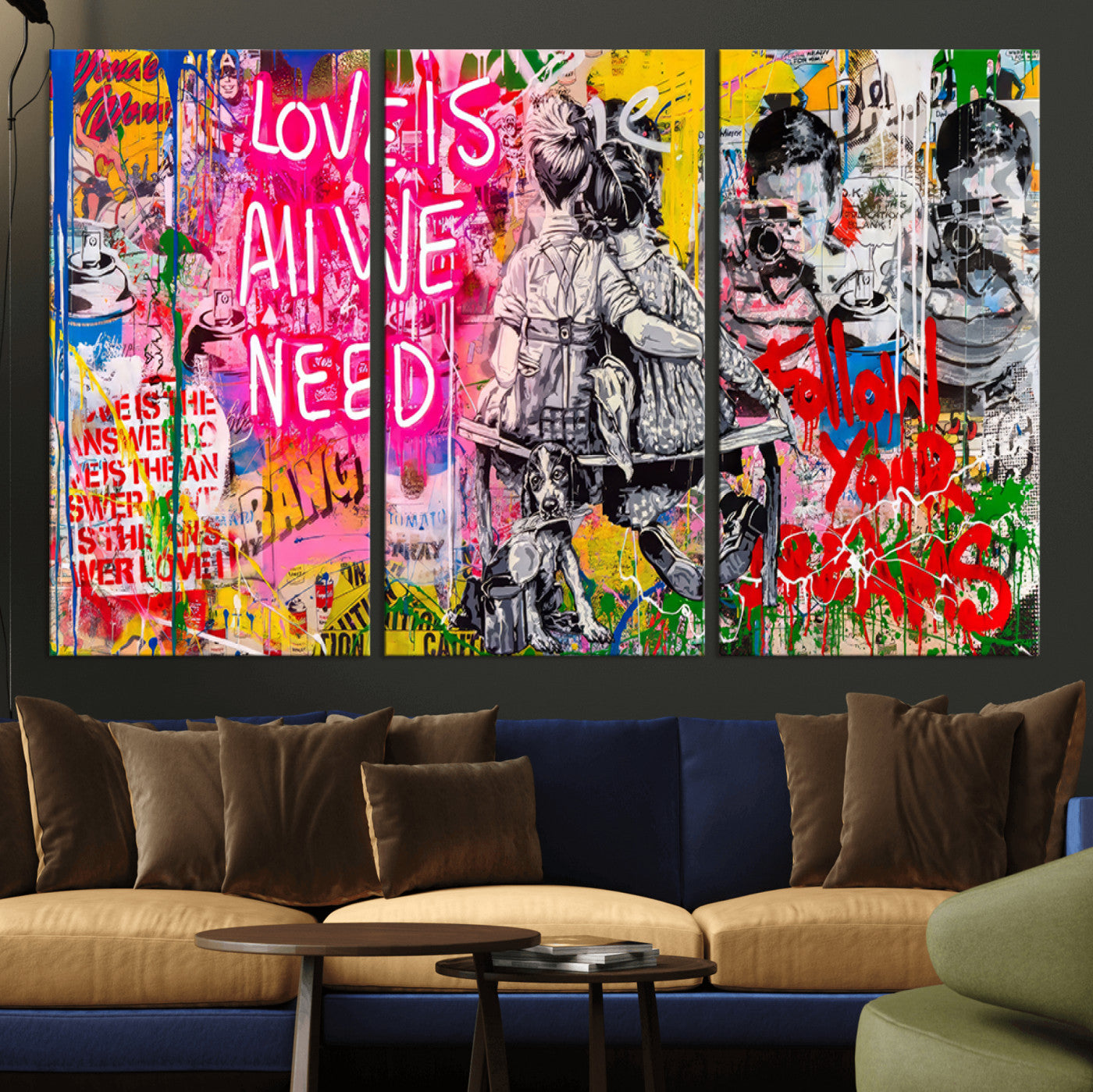 67019-MGV-CV-36X24-Follow Your Dreams & Love is All We Need Graffiti Street Art Triptych | Colorful Urban Wall Art