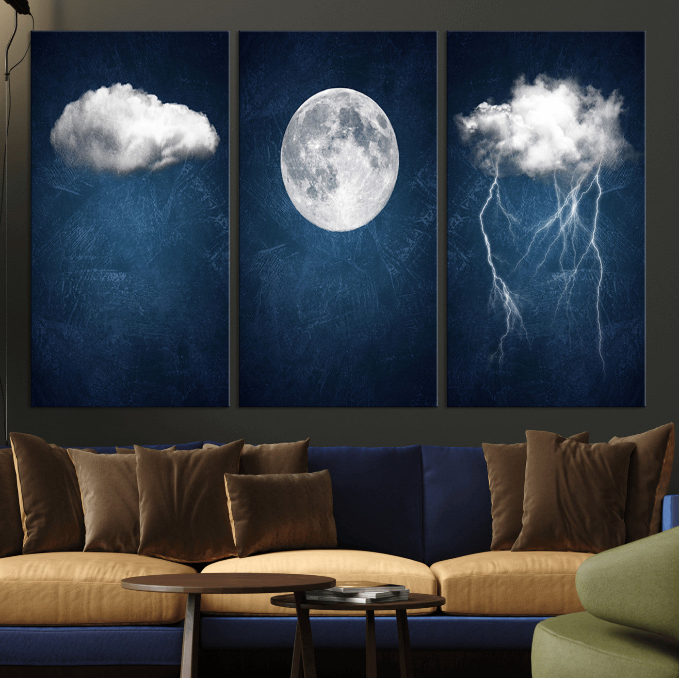 -Dark Blue Cloud Art, 3 Piece Indigo Blue Wall Art, Aesthetic Surreal Art, Thunderstorm Moon Cloud