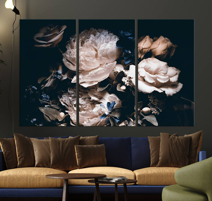 A large canvas art print of pink peonies flowers adds a vibrant touch to the space.