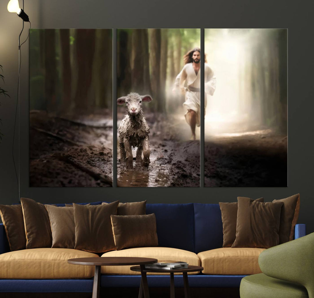 The Jesus Running After Lost Lamb canvas wall art adds a touch of spiritual significance.