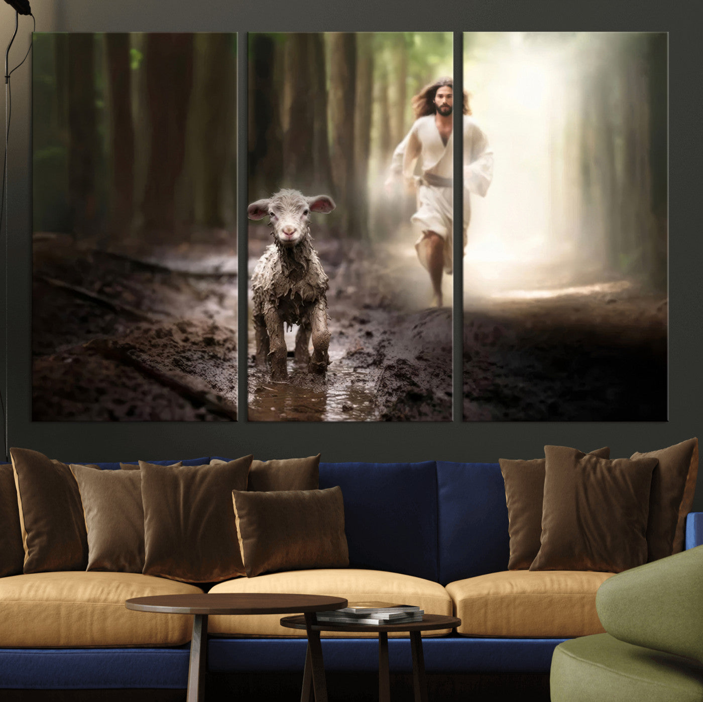 MGV-CV-48X32-3P - Jesus Canvas Wall Art - Jesus Running After Lost Lamb, Jesus, Christian Home Decor - Church Wall Art