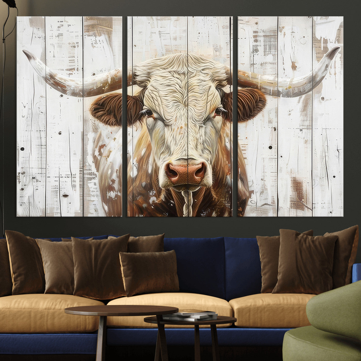 -Rustic Longhorn Bull Wall Art Canvas Set – Western-Inspired Farmhouse Décor - Ready to Hang