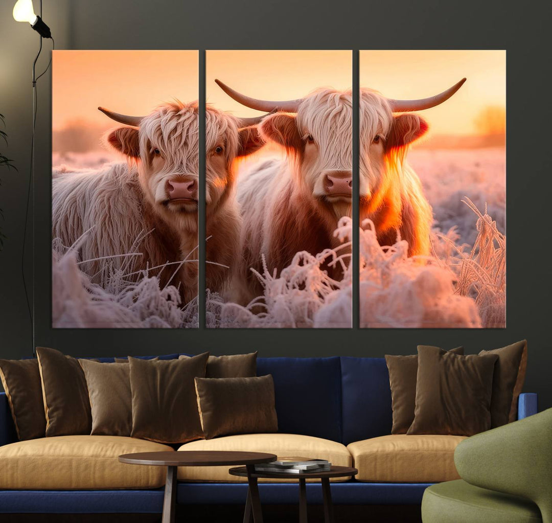 Highland Cows at Sunrise Wall Art adds serene rustic farmhouse charm.