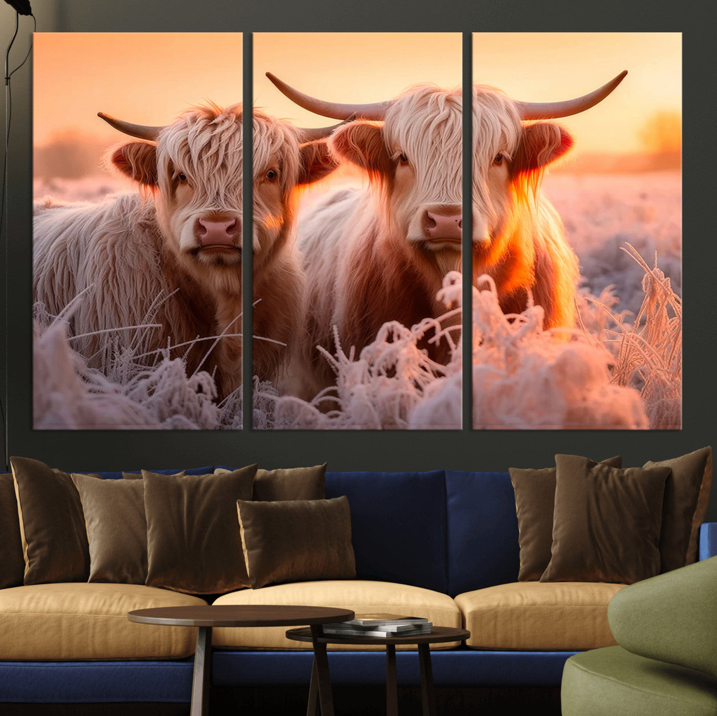 -Highland Cows at Sunrise Wall Art Canvas Set – Serene and Rustic Farmhouse Decor