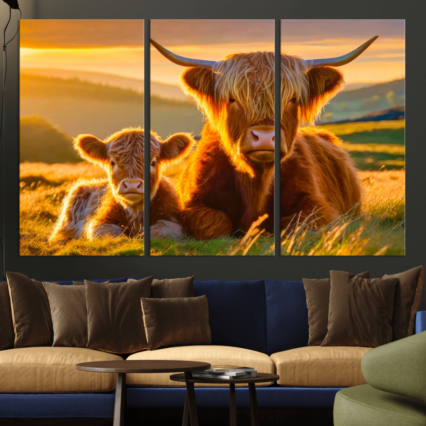 -Scottish Cow and Baby Cow Canvas Wall Art Animal Print Fluffy Cattle Framed Farmhouse Decor