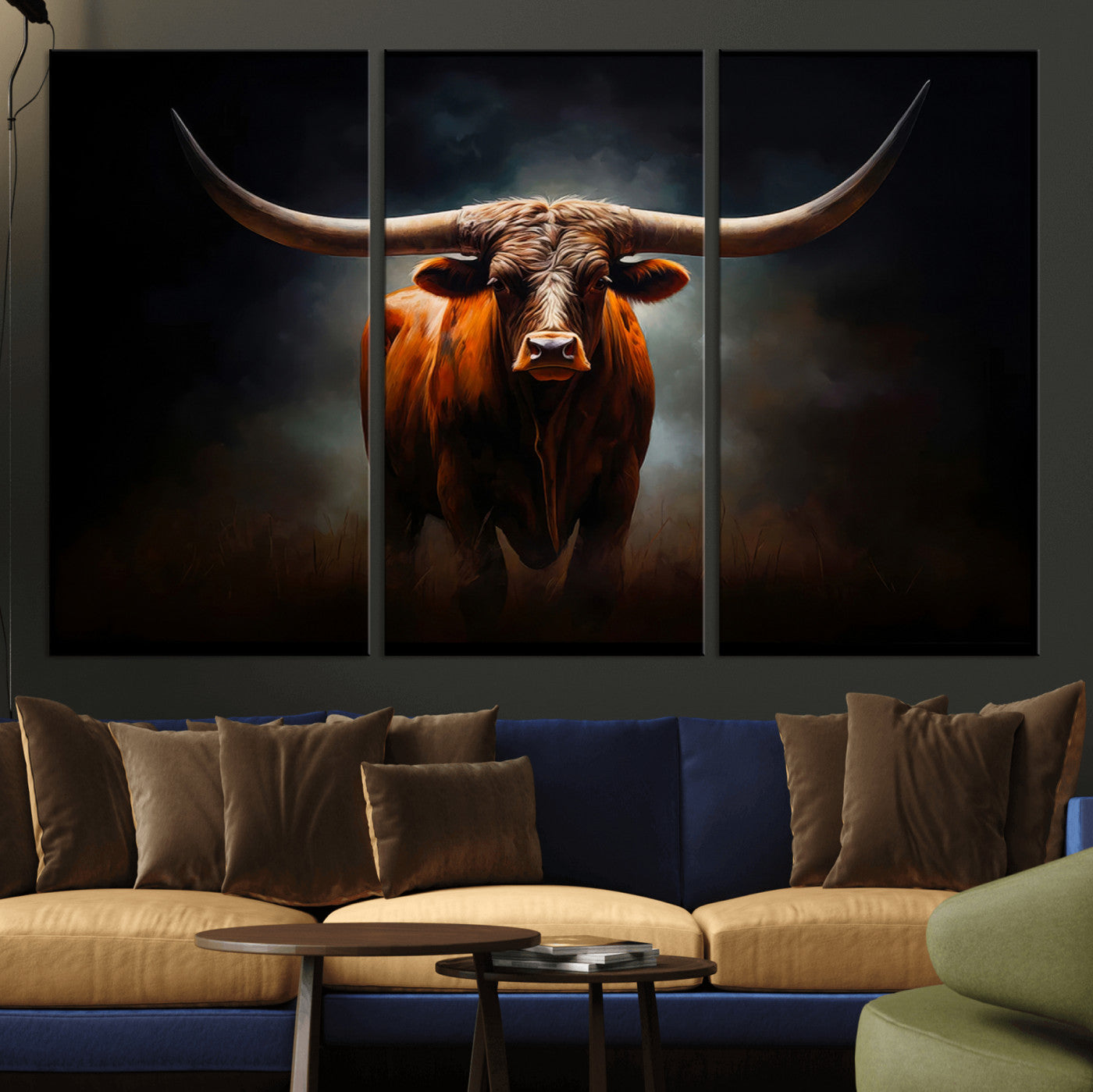 MGV-CV-48X32-3P - Abstract Texas Longhorn Wall Art Print | 3-Panel Large Texas Longhorn Canvas Print for Living Room,