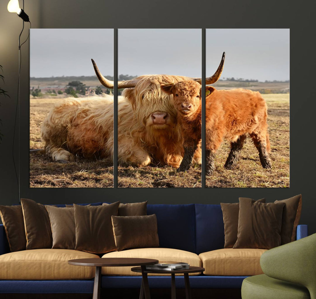 Highland Cow Canvas: a light brown cow and calf in the field, ideal farmhouse decor.