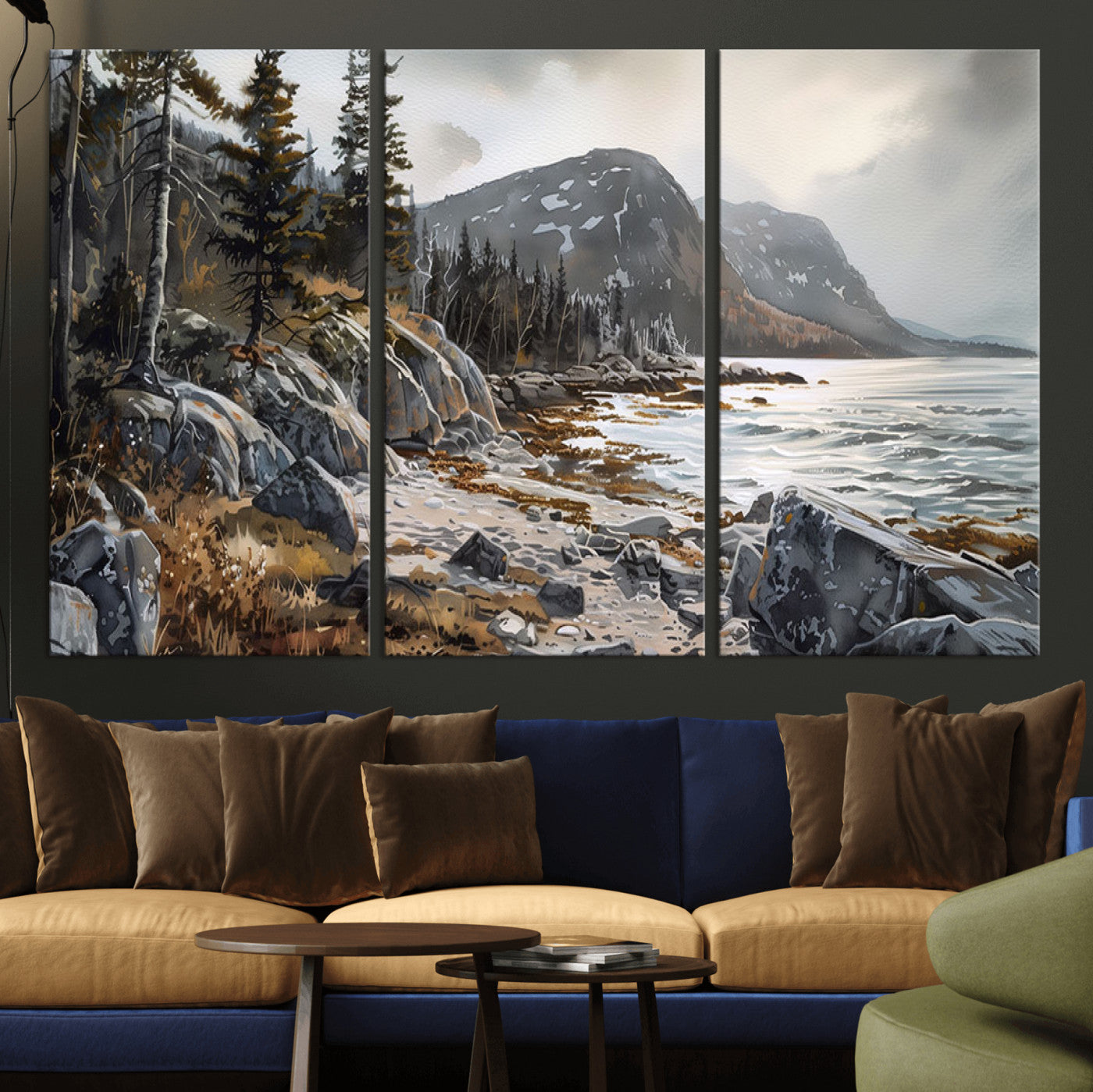 -Serene Coastal View of Acadia National Park - Stunning 3-Panel Wall Art Canvas Print, Framed, Ready