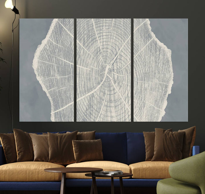 A gray wall displays the Abstract Tree Ring Wall Art print.