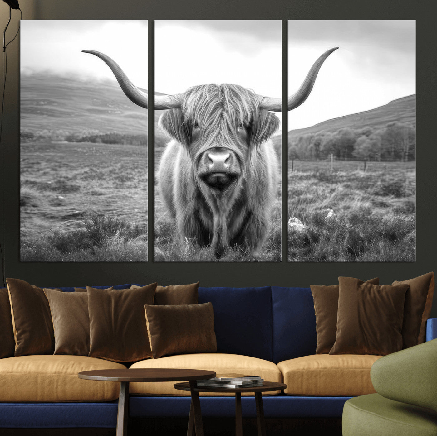 52903-MGV-CV-36X24-Black White Scottish Highland Cow Canvas Farm Wall Art Canvas Print Rustic Animal Art for Home, Office Decor
