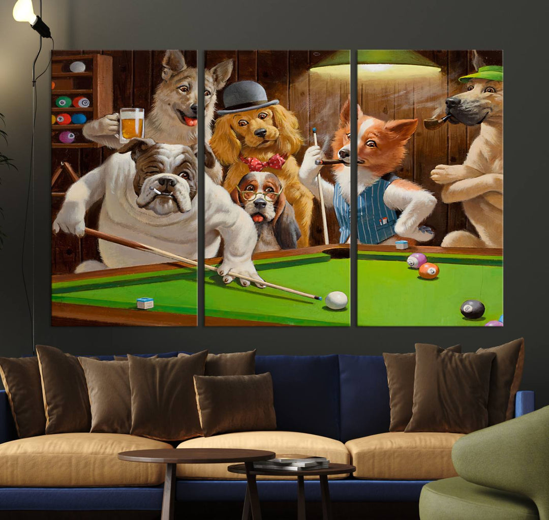 Dogs Playing Pool Canvas Wall Art: This artwork depicts a room where dogs are engaged in a game of pool. One dog is poised to cue while others observe the scene.