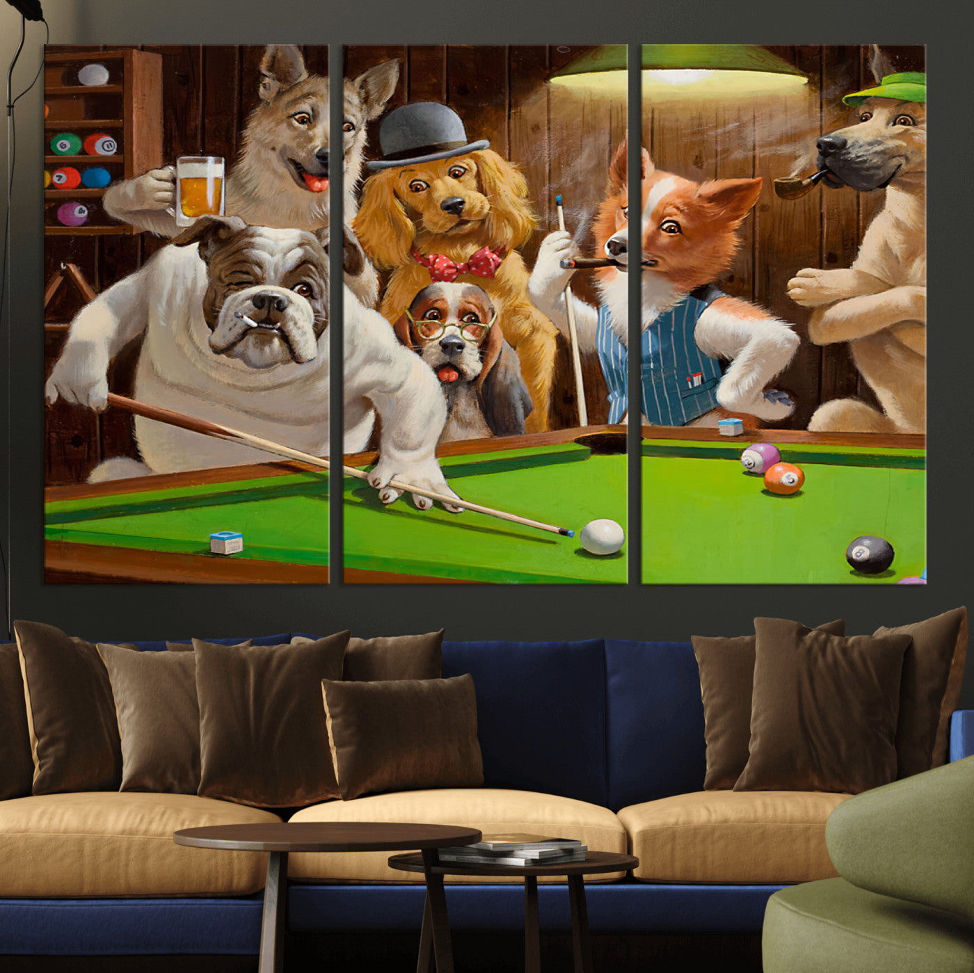 MGV-CV-48X32-3P - Dogs Playing Pool Canvas Wall Art Funny Gifts Dog Print