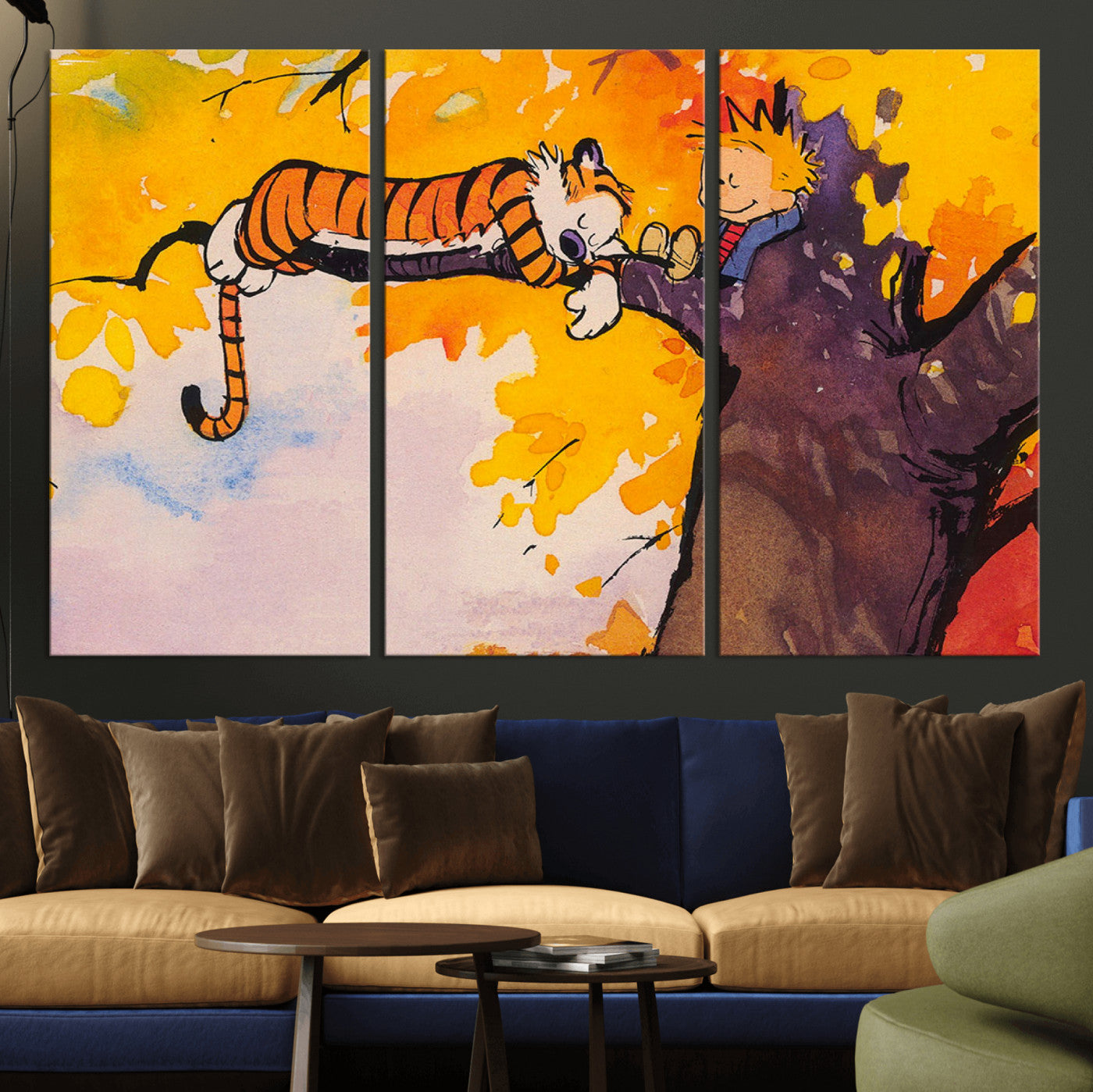MGV-CV-48X32-3P - Calvin and Hobbes Tree Scene Canvas Print | 3 Panel Large Wall Art for Living Room or Kid’s Room,
