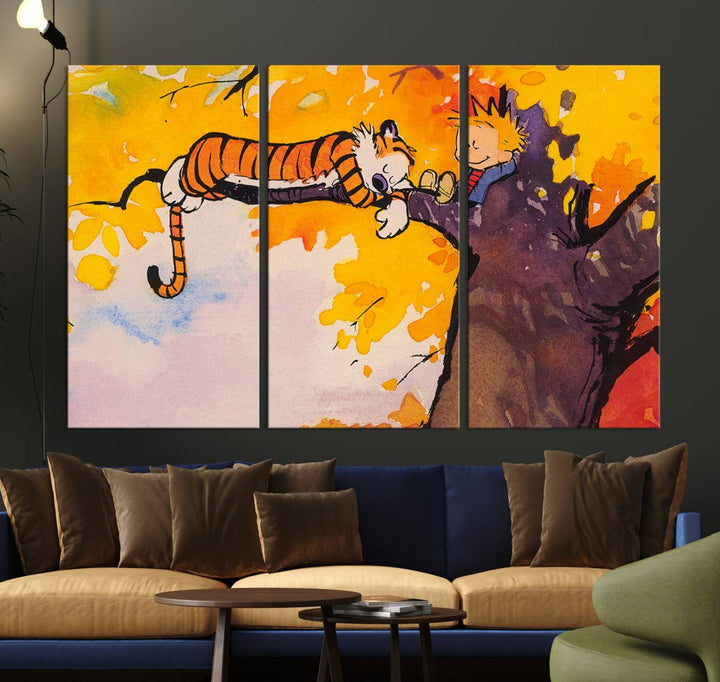 Premium canvas Calvin Wall Arts featuring a boy and tiger relaxing on a branch.