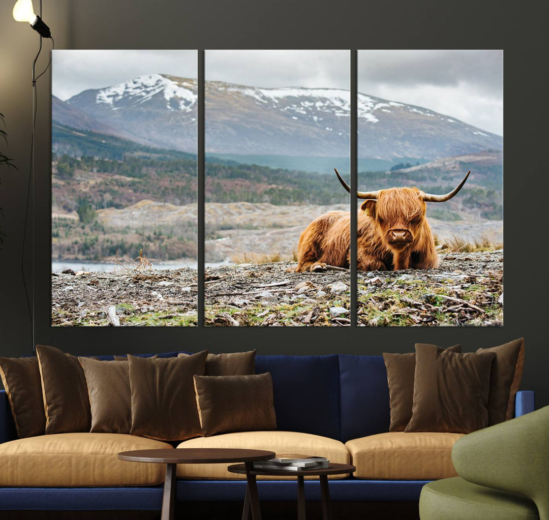 Highland Cow Horn Farm Wall Art Canvas Print is displayed against a wooden wall featuring a mountainous backdrop.