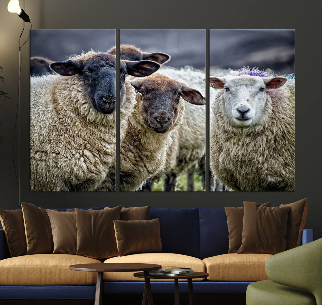 The Charming Sheep Portrait Wall Art hangs on a wooden wall.