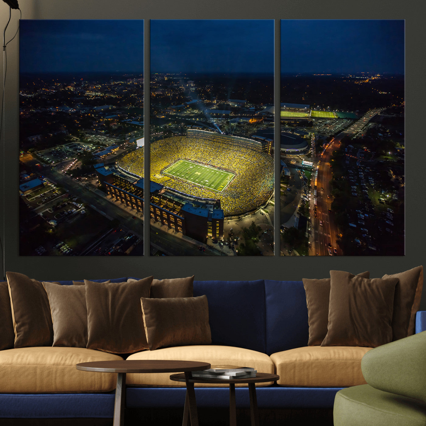 33588-MGV-CV-36X24-Michigan Stadium Night Game Wall Art – Sports Arena Aerial View Canvas Print, Framed, Ready to Hang