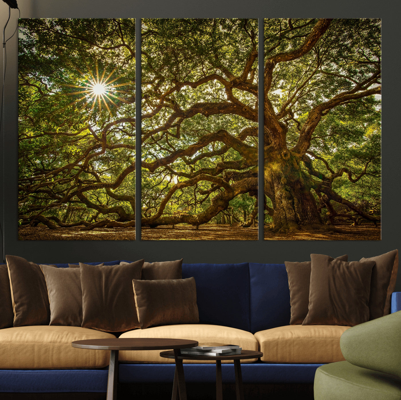 MGV-CV-48X32-3P - Ancient Angel Oak Tree Art Sunburst Canvas Print- Nature-Inspired Triptych Canvas Print, Framed,