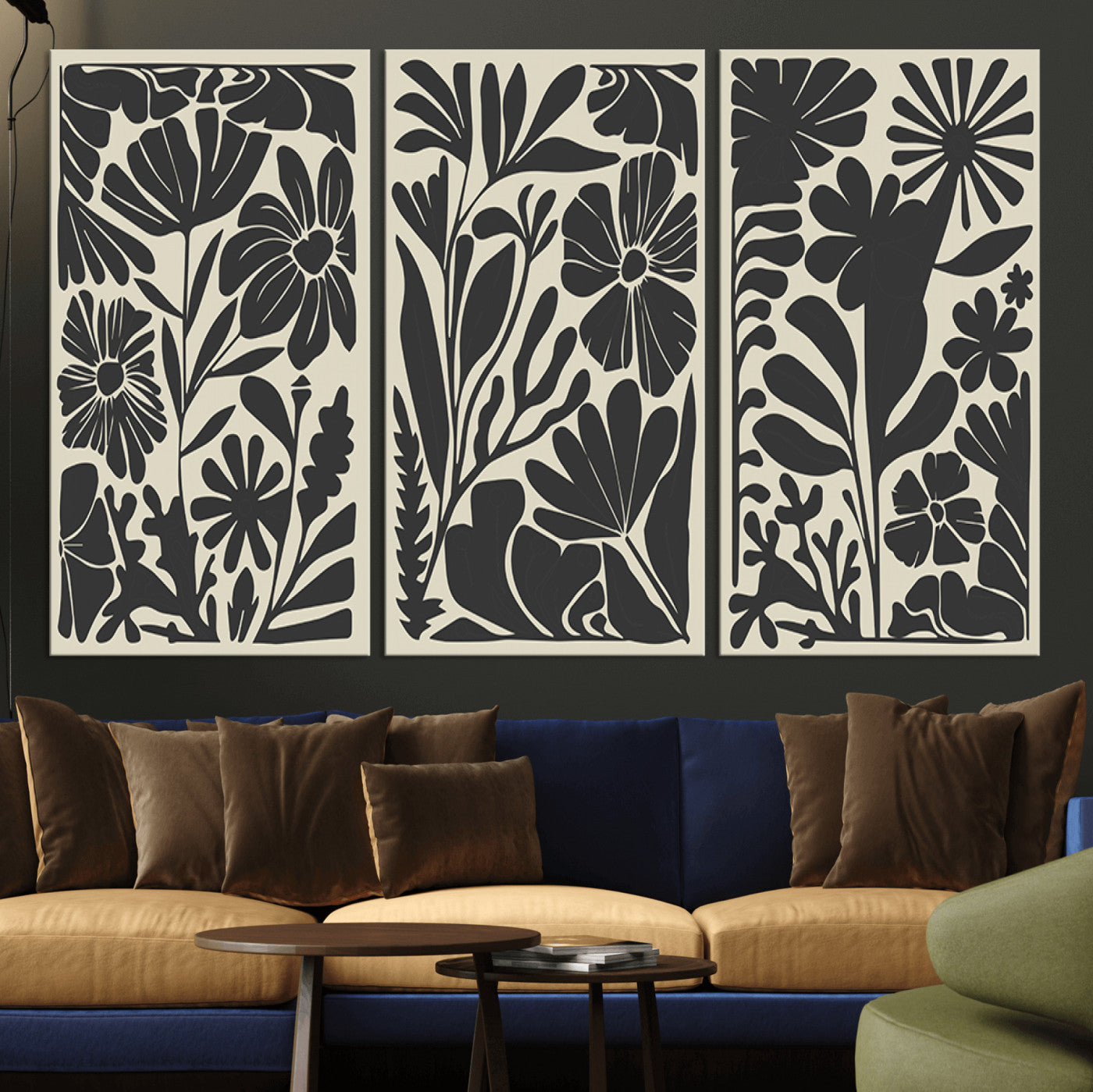 MGV-CV-48X32-3P - Modern Botanical Wall Art - Floral Black and White Canvas Print, Framed, Ready to Hang