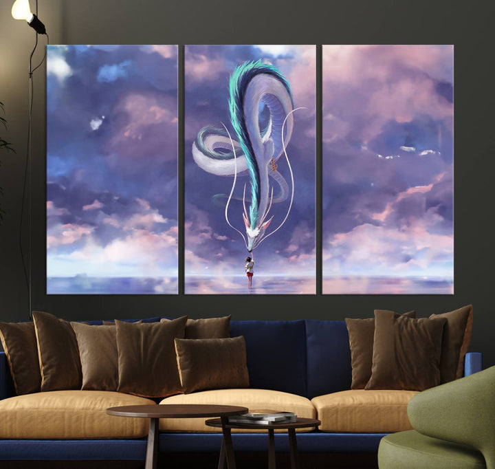 The Spirited Away Haku and Chihiro poster captures a cherished scene for anime lovers under a colorful, cloudy sky.