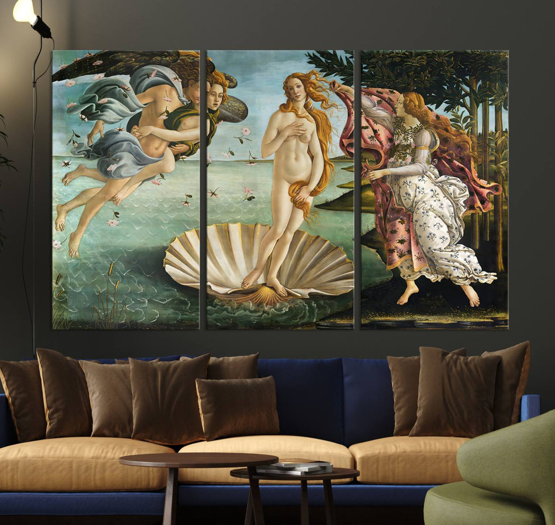 A canvas print of Botticellis The Birth of Venus is displayed on the wall.