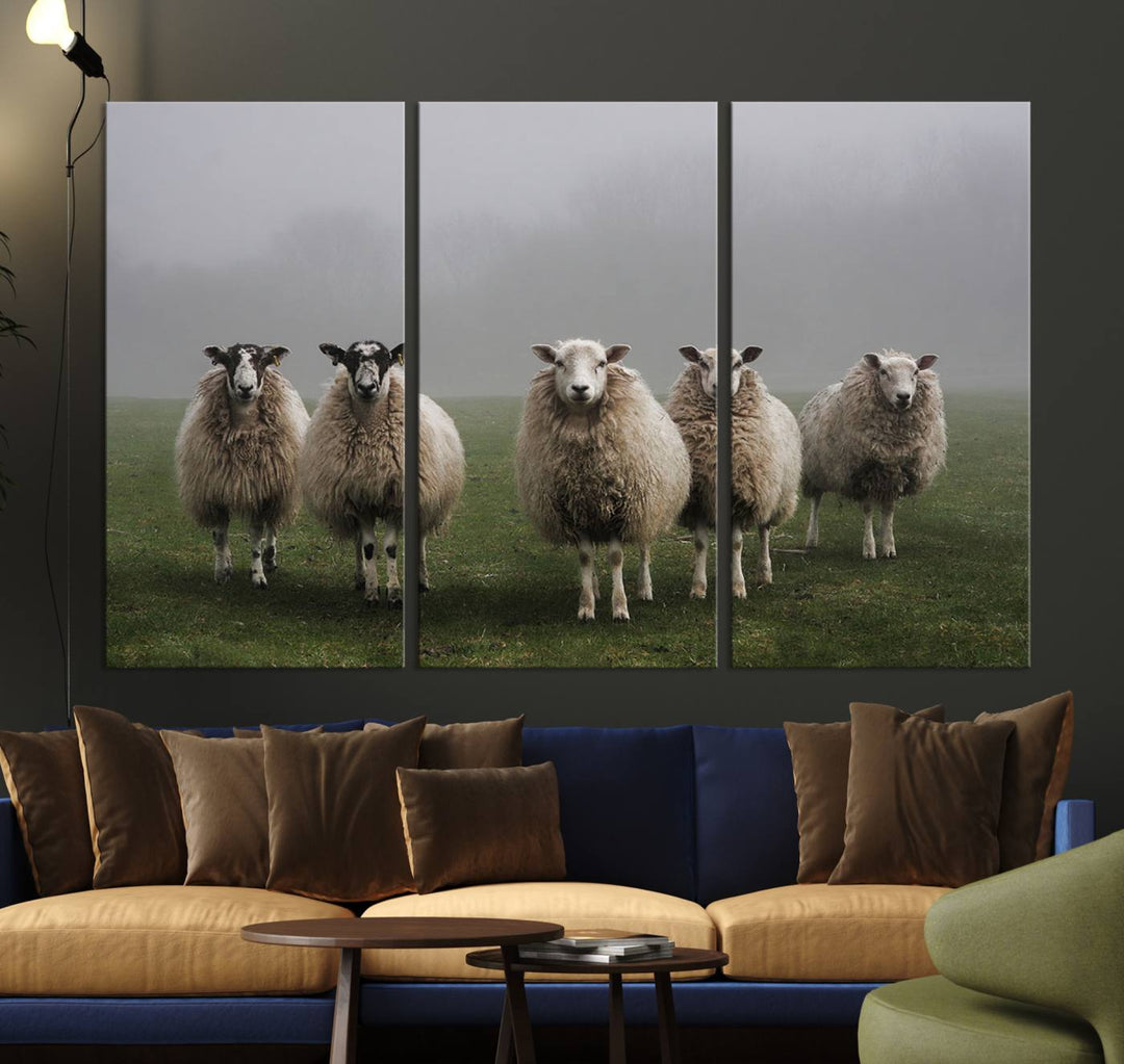 The Flock of Sheep in a Mystical Fog canvas print is framed and ready to hang.