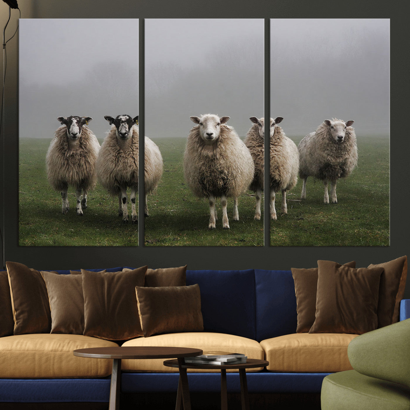 -Flock of Sheep in a Mystical Fog – Pastoral Wall Art Canvas Print, Framed, Ready to Hang