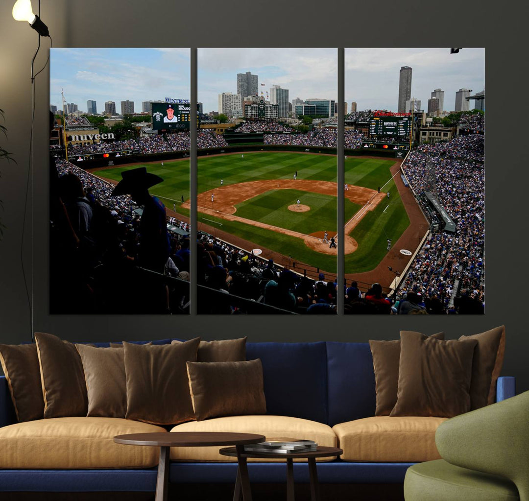 Admire this museum-quality canvas print of a Chicago Cubs game with a cityscape view from the stands at Wrigley Field.