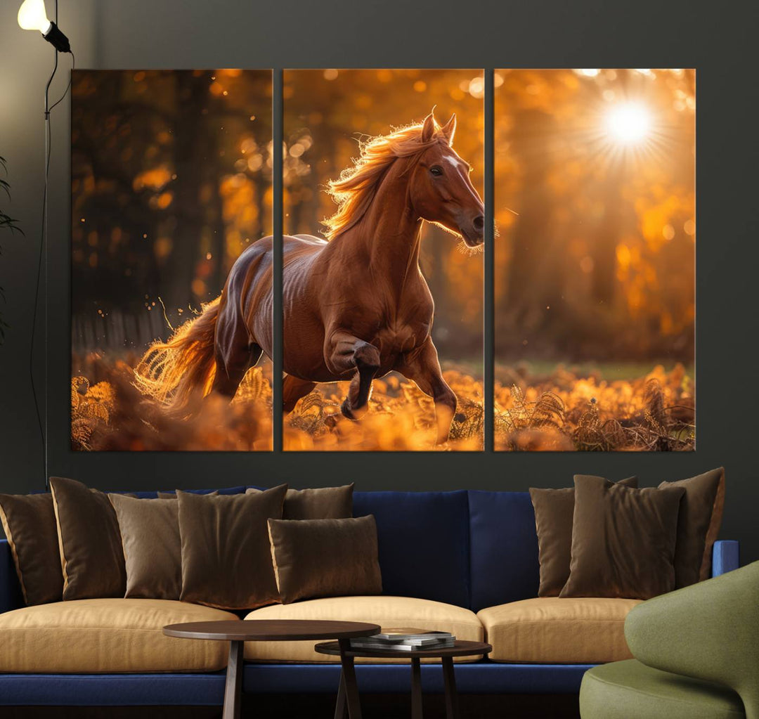 The Running Horse Sunset Forest Wall Art Canvas Print showcases a gallop in an autumn forest with sunlight streaming through the trees.