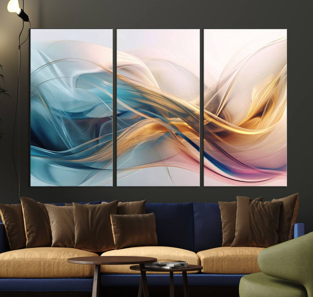 Abstract Flowing Colors Wall Art featuring blue, gold, and pink adds modern elegance to the space.