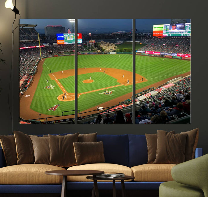 The Angel Stadium Aerial View canvas print of an Angels baseball game is showcased.