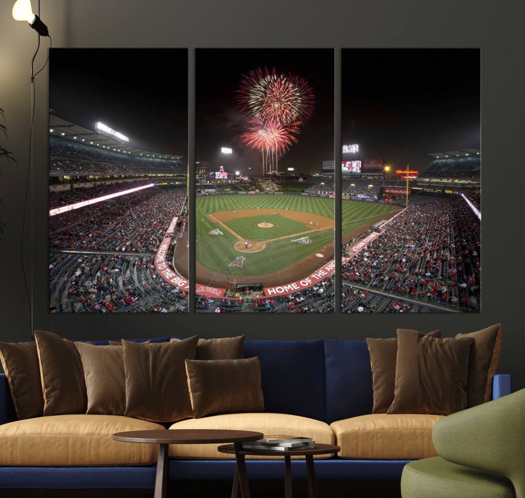 Fireworks at Angel Stadium – LA Angels Night Game Canvas Print, framed and ready to hang.