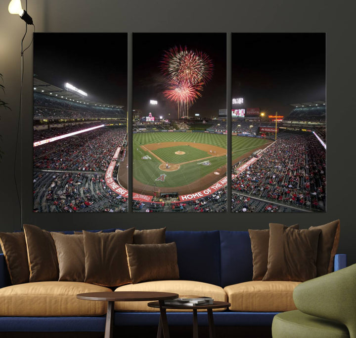 Fireworks at Angel Stadium – LA Angels Night Game Canvas Print, framed and ready to hang.