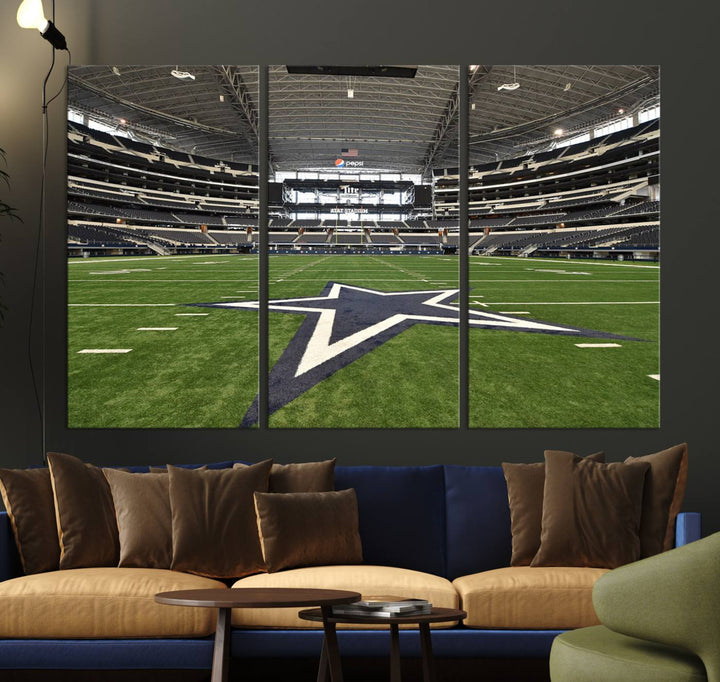 AT&T Stadium Dallas Cowboys Canvas Print displayed above a dining table.