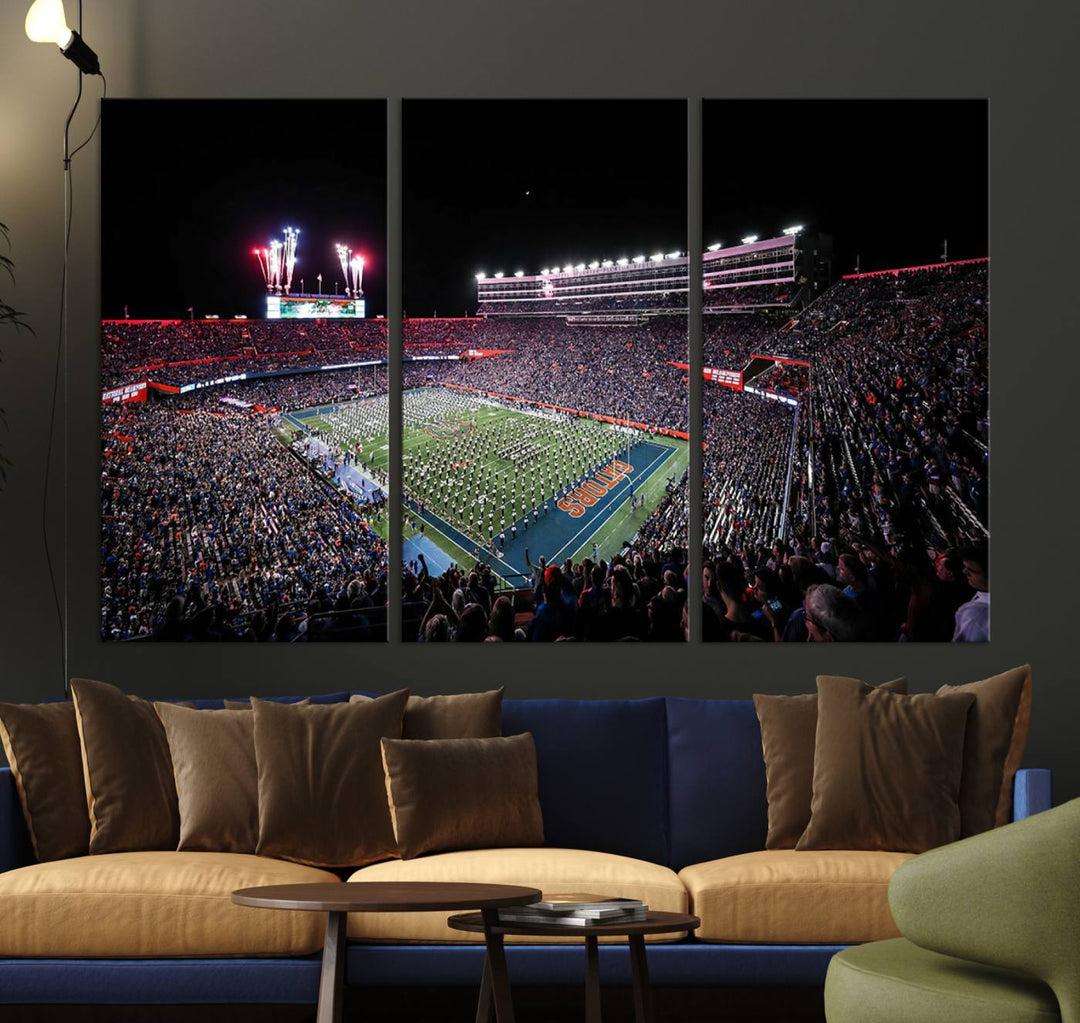 The Gators Night Game Canvas Art captures a lively night at Ben Hill Griffin Stadium with vibrant fireworks and the energy of a live band.