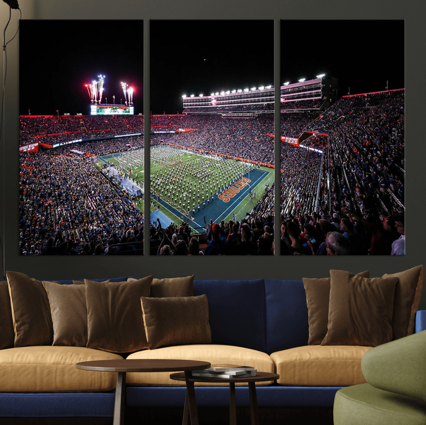 MGV-CV-48X32-3P - Ben Hill Griffin Stadium Night Game Triple Canvas Wall Art - Florida Gators Football Match