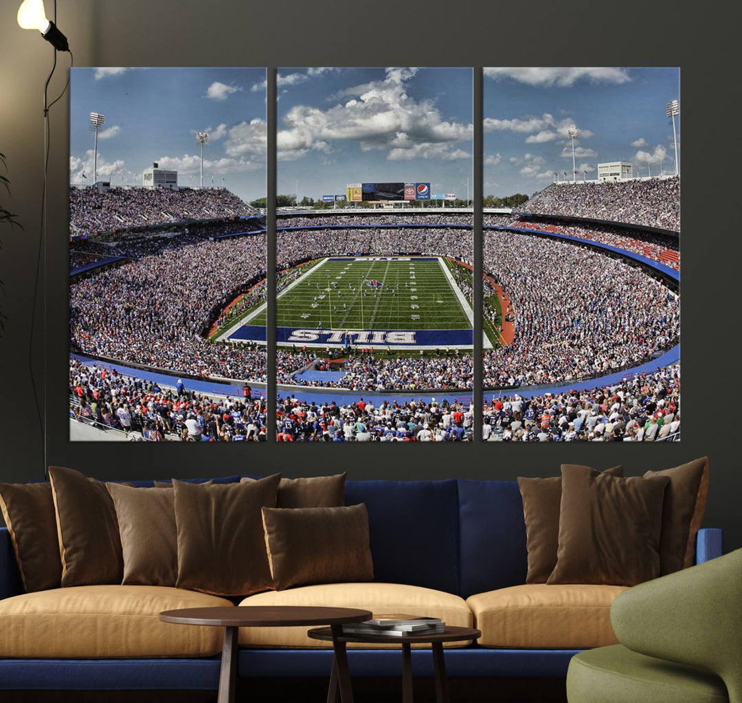 Our Buffalo Bills Game Day Canvas captures a vibrant scene at Highmark Stadium, with a lively crowd under a partly cloudy sky.