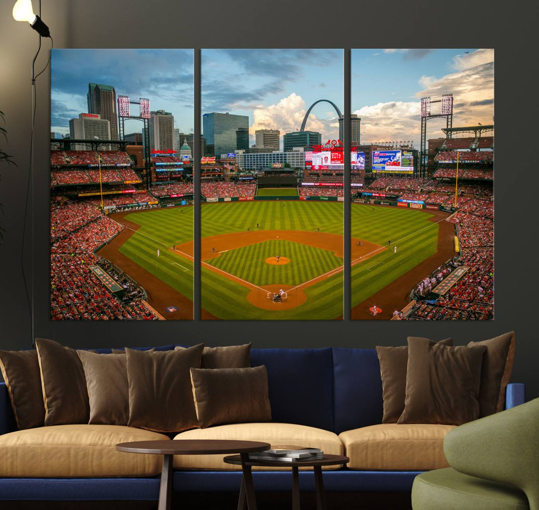 A Busch Stadium canvas print featuring a cityscape, ideal for enhancing living room or man cave sports decor.