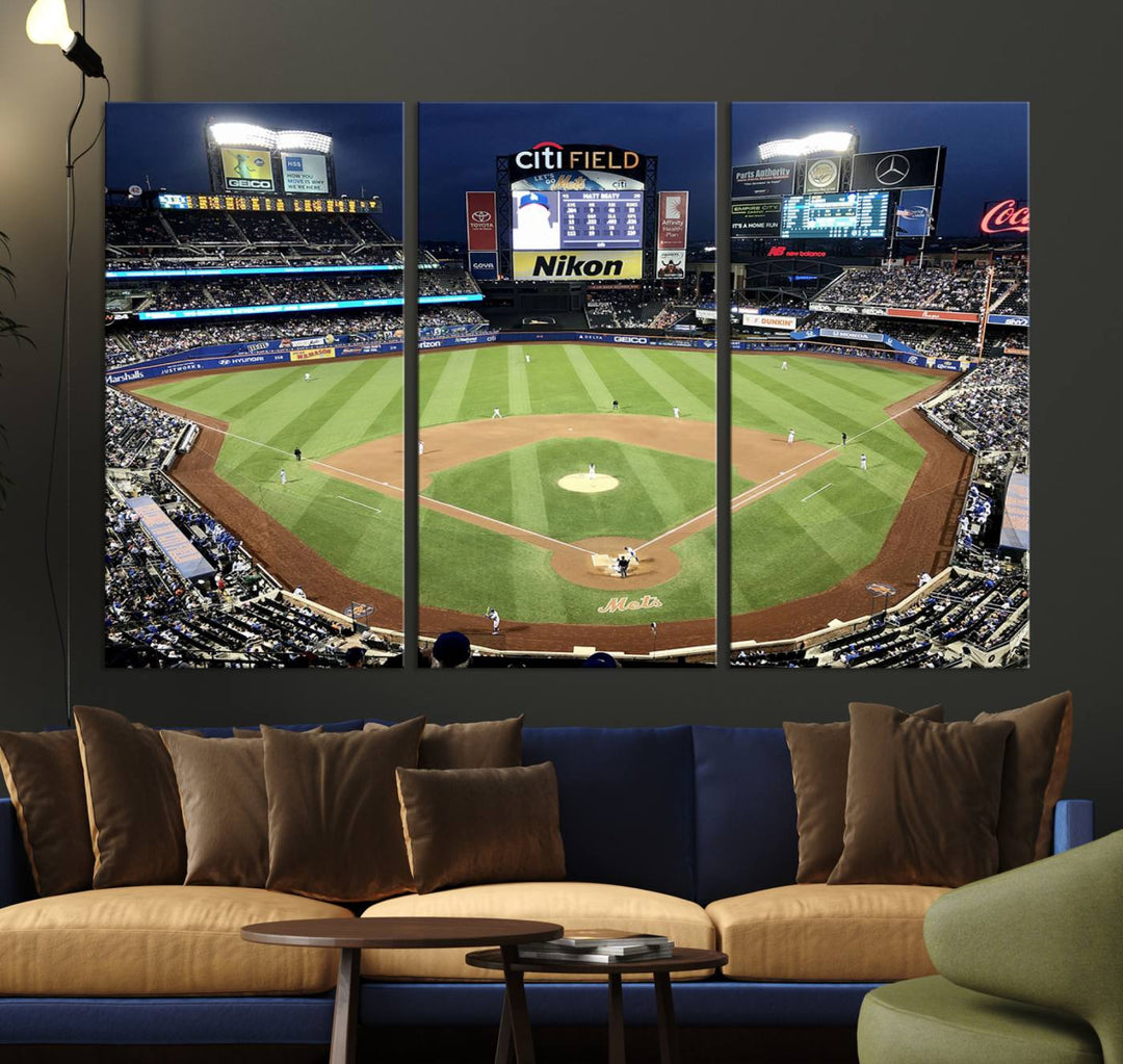 The wall is adorned with a 3-panel Citi Field Wall Art Print, framed for sports-themed decor.