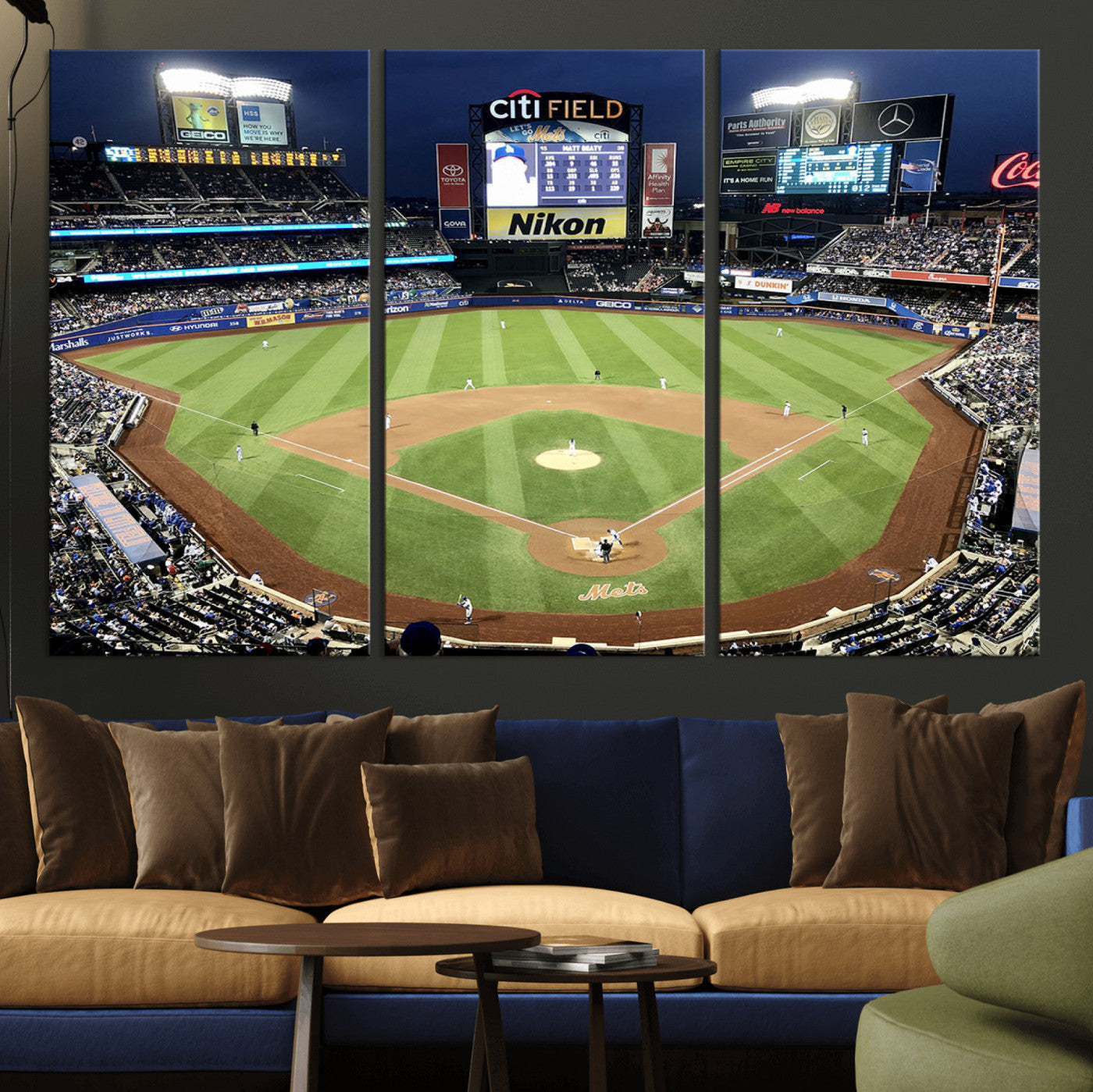 MGV-CV-48X32-3P - Citi Field Wall Art Print | 3-Panel New York Mets Baseball Stadium Canvas Print | Framed Sports Decor for Living Room, Man Cave, or Office Decor