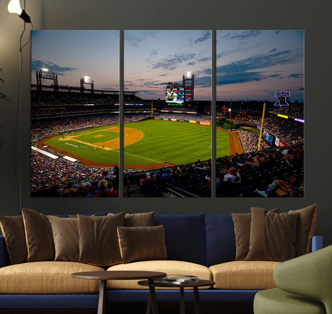 A wall art piece depicting the Philadelphia Phillies Citizens Bank Park Stadium at dusk.