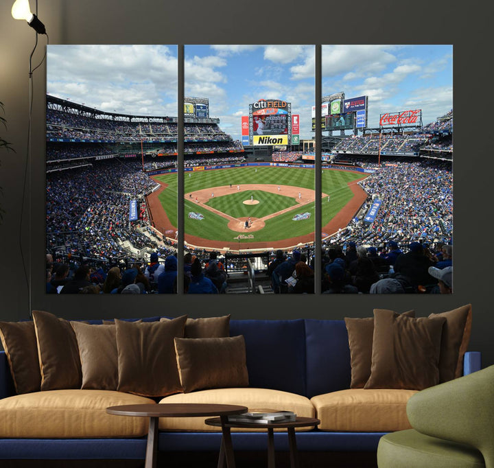 A wall art piece featuring a New York Mets Baseball Team print of Citi Field during a thrilling game under a blue sky.