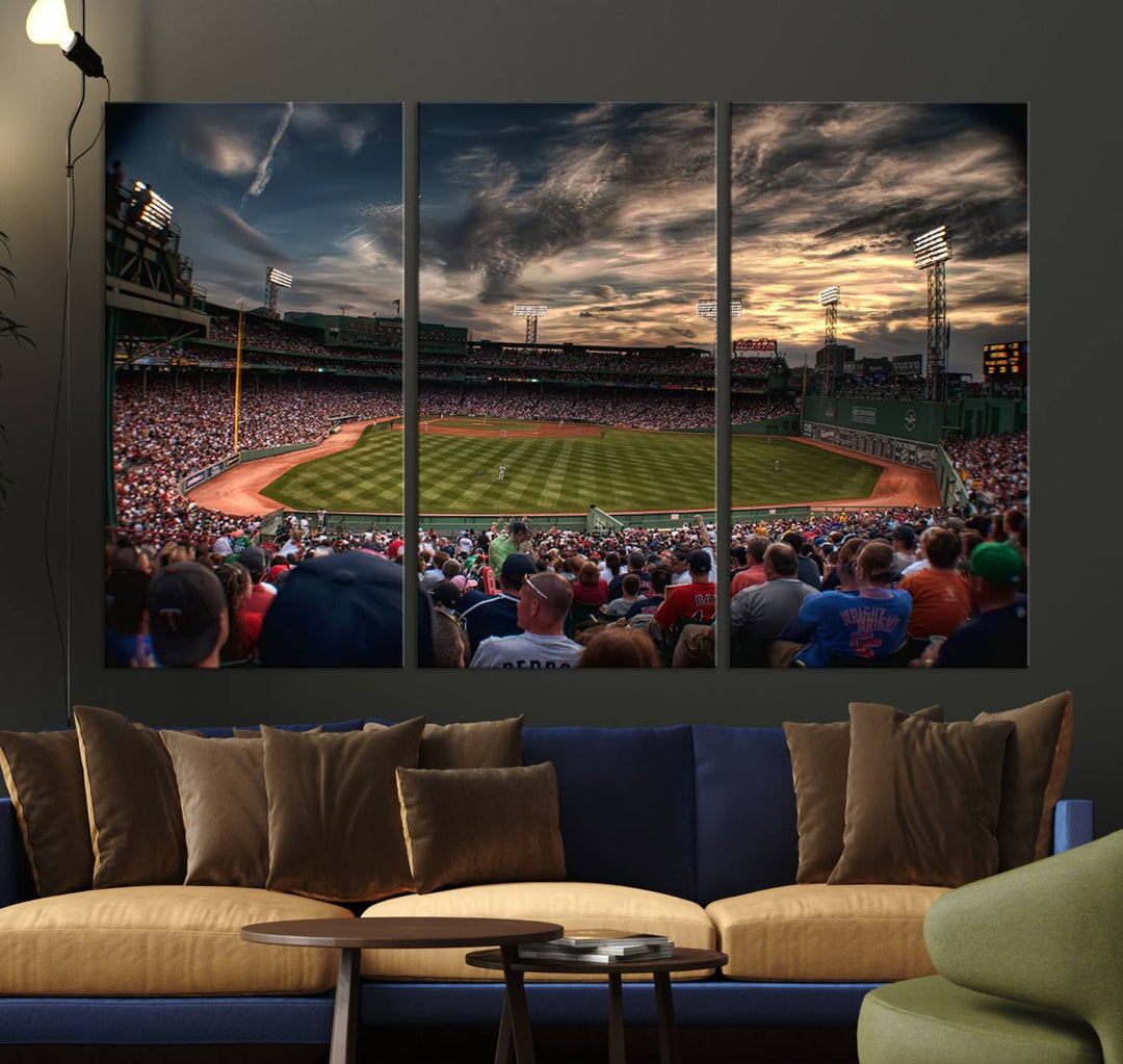 Boston Red Sox canvas print of Fenway Park at sunset, ideal for sports fans.