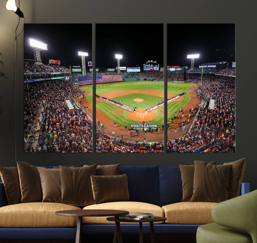 The Fenway Park Wall Art Canvas Print showcases a stunning aerial view of Bostons iconic ballpark at night, making it an ideal piece for any Red Sox enthusiast.